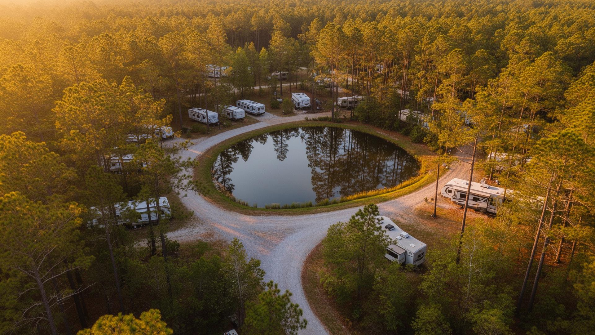 Aerial view of Crankbait Cove RV Park around the pond at golden hour