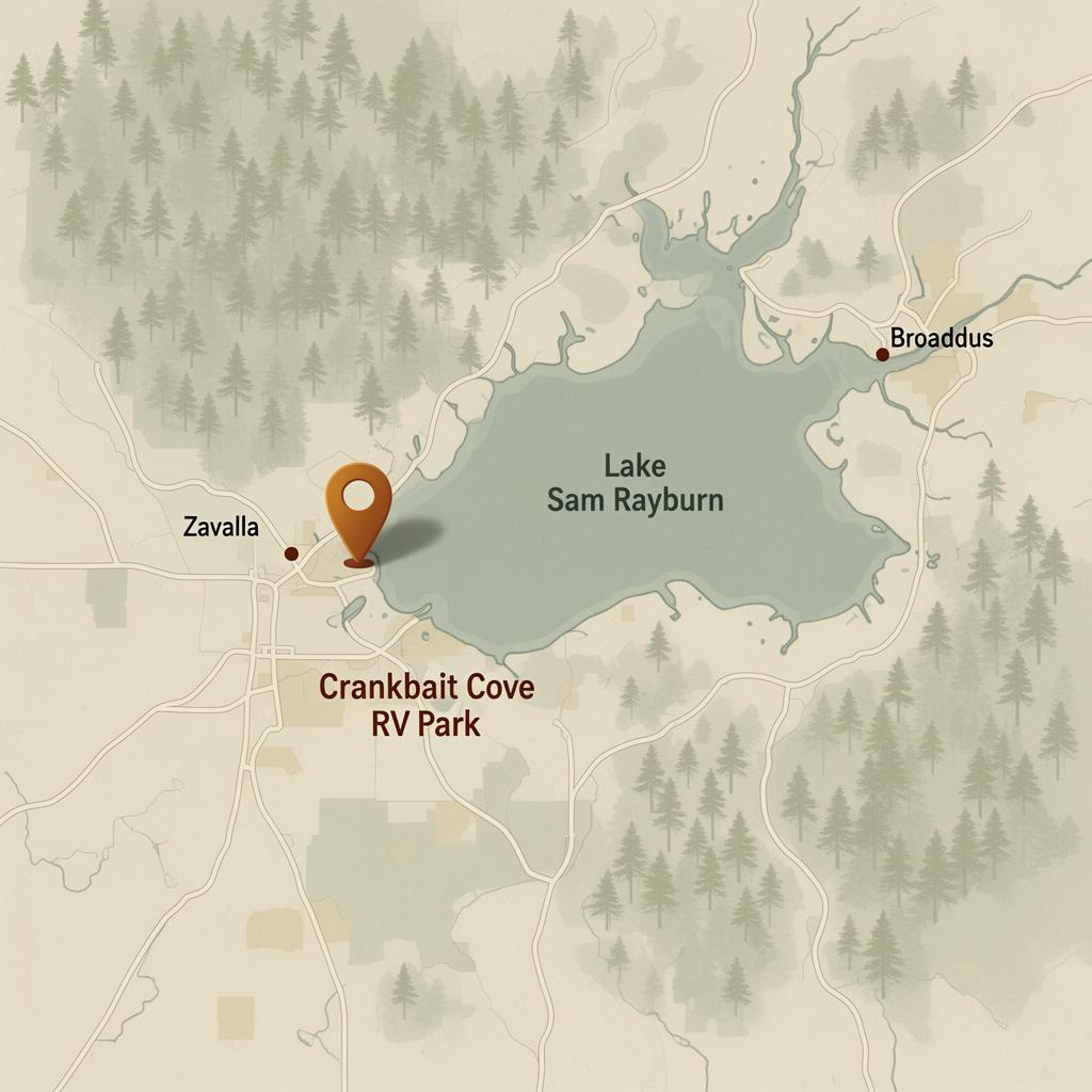Map showing Crankbait Cove RV Park near Zavalla, Texas on the western shore of Lake Sam Rayburn